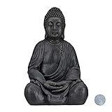 Relaxdays Estatua Buda Sentado XL para Jardín, Cerámica, Gris Claro, 50 cm