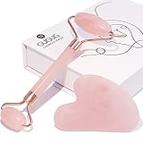 GUGUG Gua Sha Cuarzo Rosa, Rodillo Facial Antiarrugas para Tonificar y Reafirmar la Piel -...