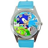 TAPORT® Reloj de cuarzo azul banda de cuero redondo para Sonic The Hedgehog Fans E3